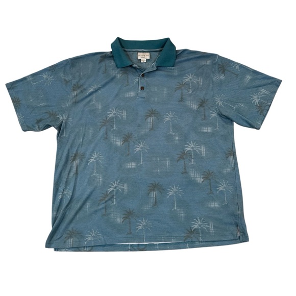 Trader Bay blue teal short sleeved polo shirt, palm tree graphics, collar, XXL. - Picture 1 of 11